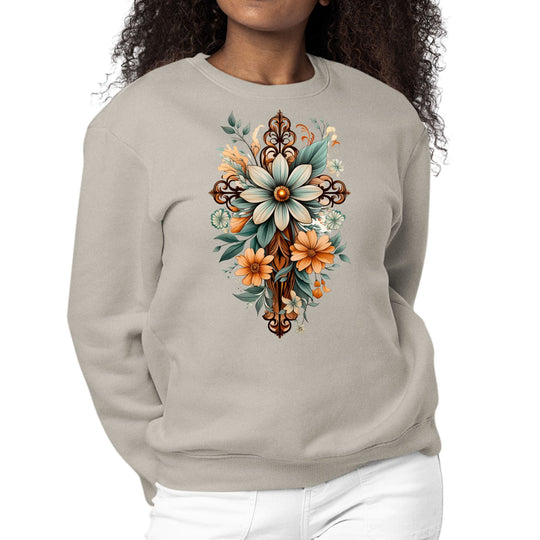 Womens Graphic Sweatshirt Christian Cross Floral Bouquet Green-7