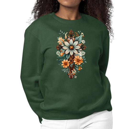 Womens Graphic Sweatshirt Christian Cross Floral Bouquet Green-6