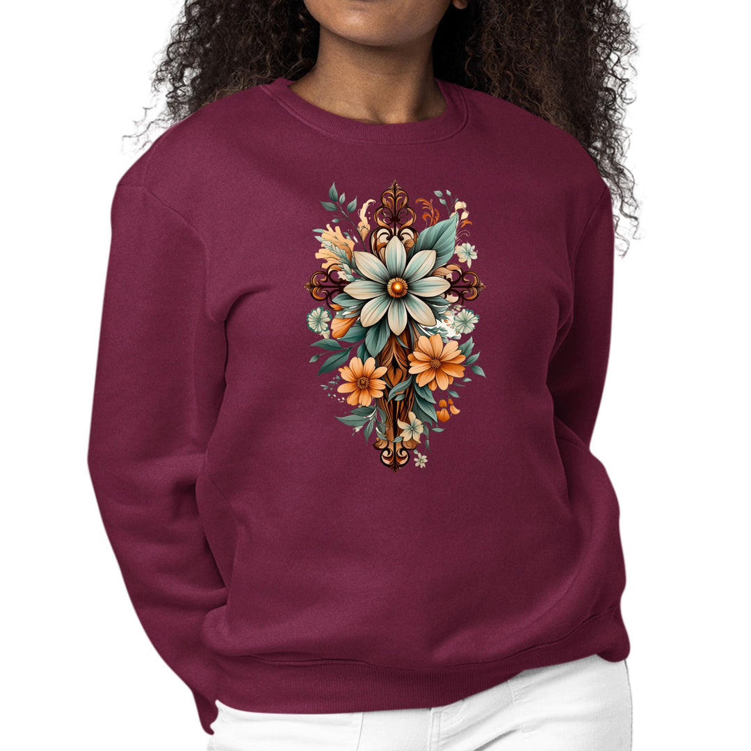 Womens Graphic Sweatshirt Christian Cross Floral Bouquet Green-3