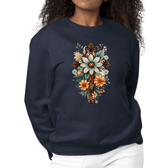 Womens Graphic Sweatshirt Christian Cross Floral Bouquet Green-5
