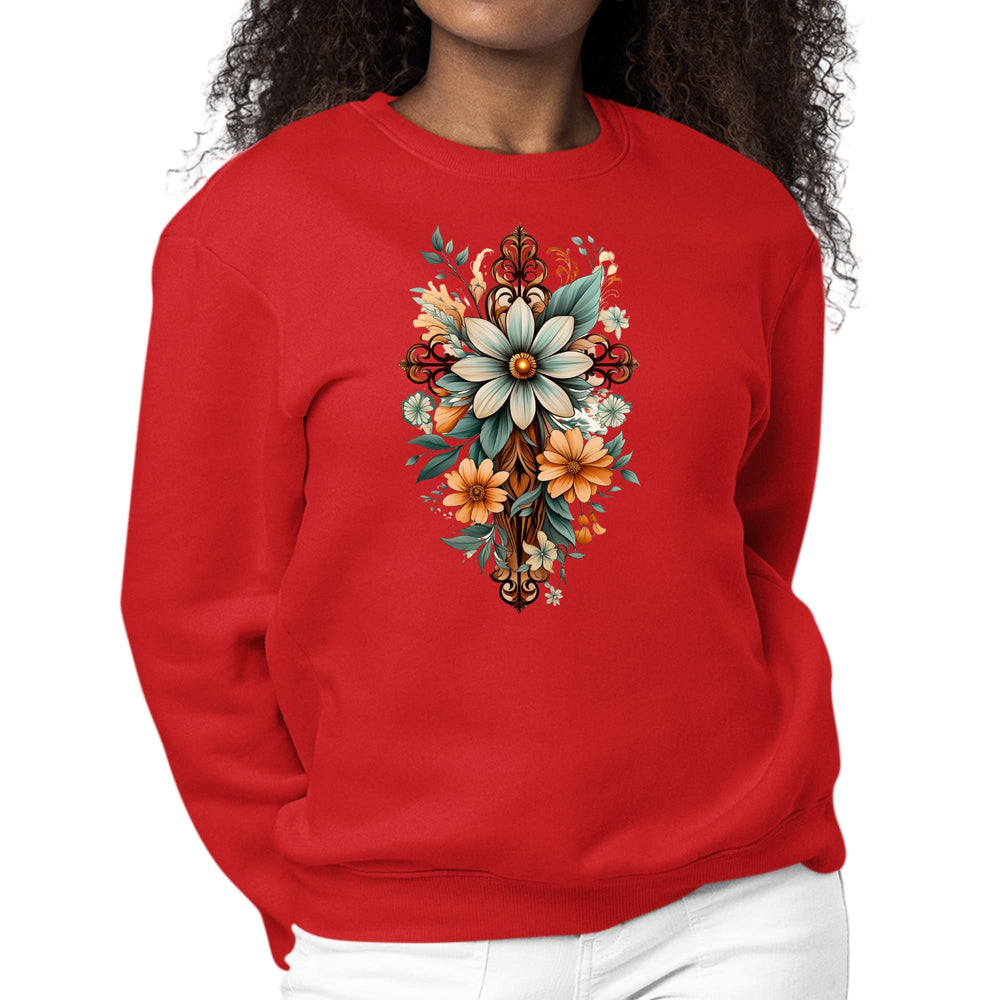 Womens Graphic Sweatshirt Christian Cross Floral Bouquet Green-1