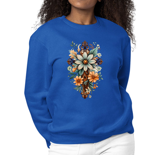 Womens Graphic Sweatshirt Christian Cross Floral Bouquet Green-2
