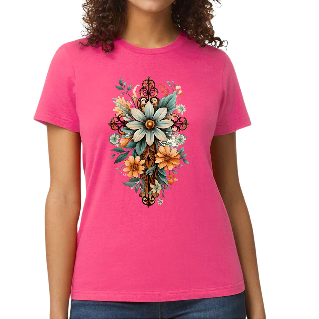 Womens Graphic T-shirt - Christian Cross Floral Bouquet Green and Brown-4