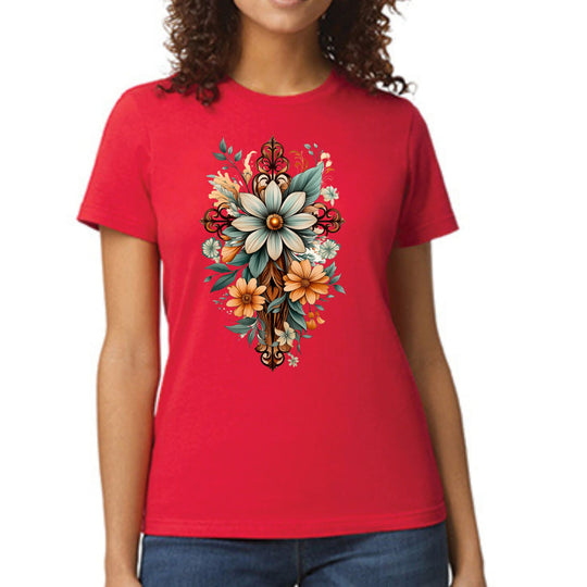 Womens Graphic T-shirt - Christian Cross Floral Bouquet Green and Brown-2
