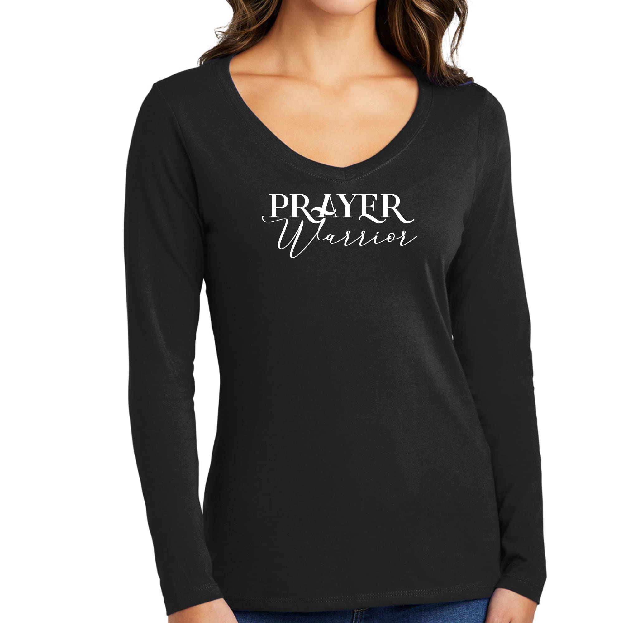 Womens Long Sleeve V-neck Graphic T-shirt - Prayer Warrior Script-0