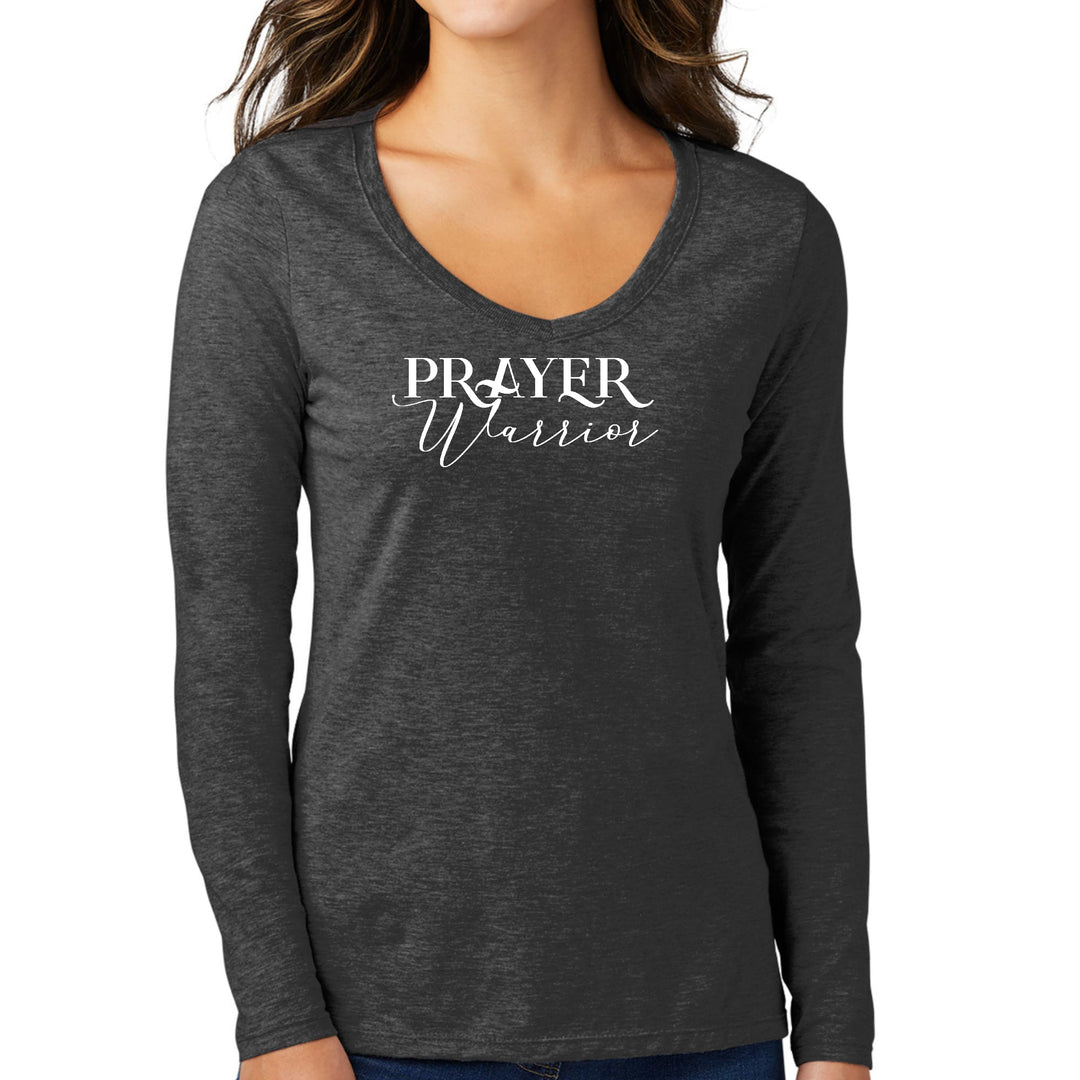 Womens Long Sleeve V-neck Graphic T-shirt - Prayer Warrior Script-3