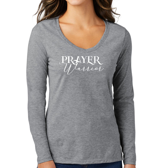 Womens Long Sleeve V-neck Graphic T-shirt - Prayer Warrior Script-4