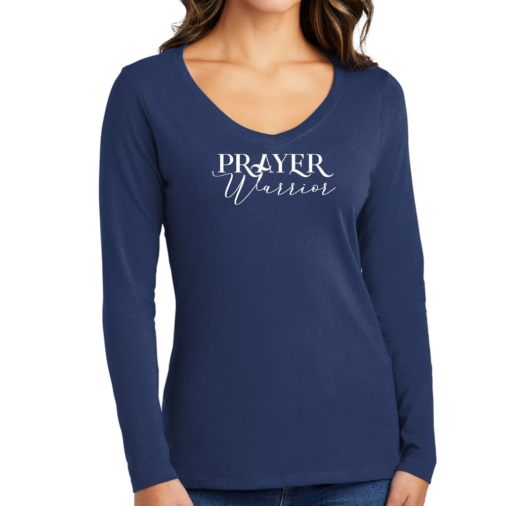 Womens Long Sleeve V-neck Graphic T-shirt - Prayer Warrior Script-1